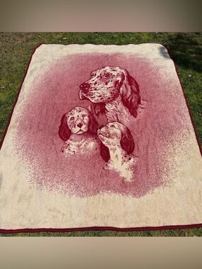 VTG San Marcos English Setter Mom Pups Blanket Reversible Maroon Cream 70x90 GUC